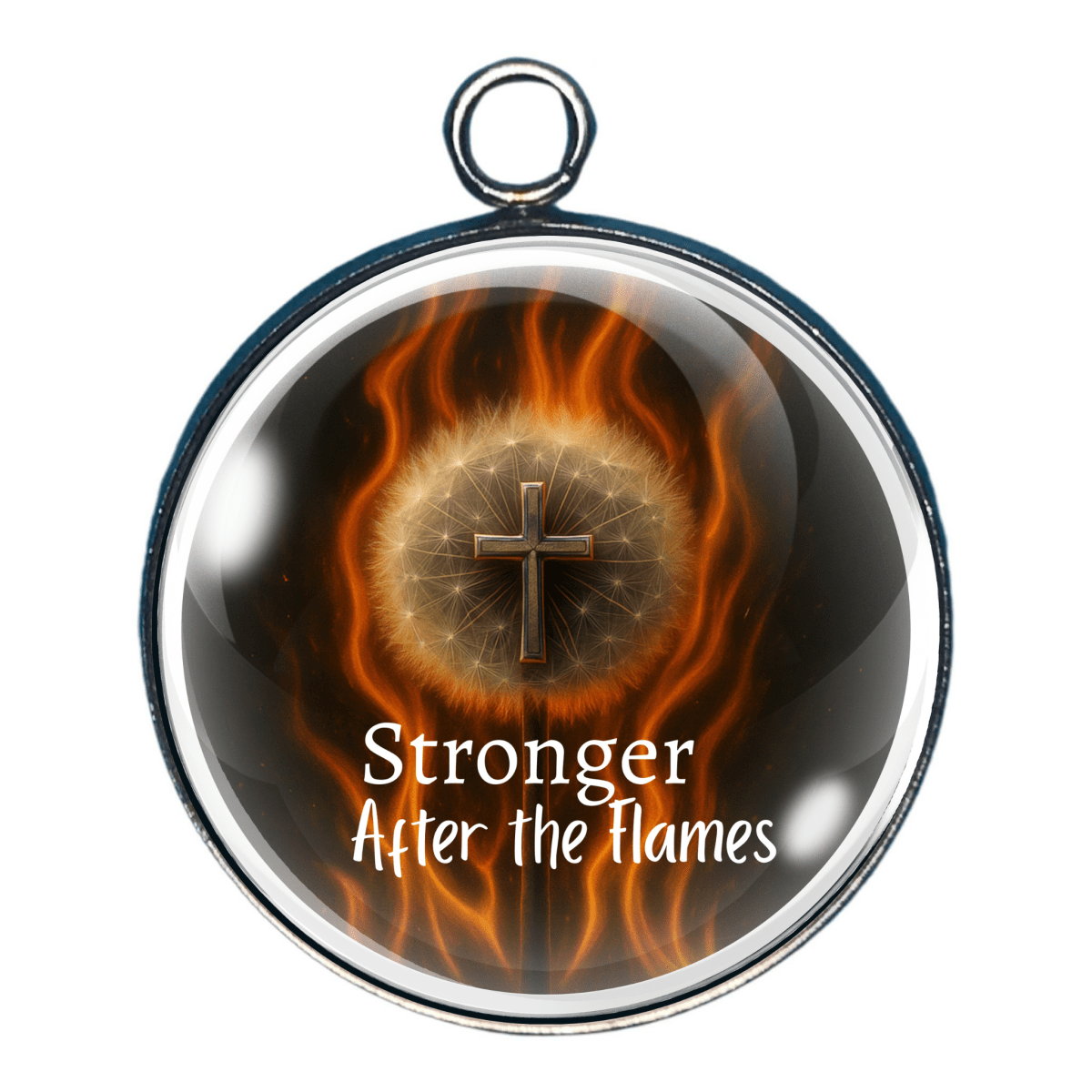 Flamies around a dandilion sead puff with a cross in the middle. and text 'Stronger After the Flames