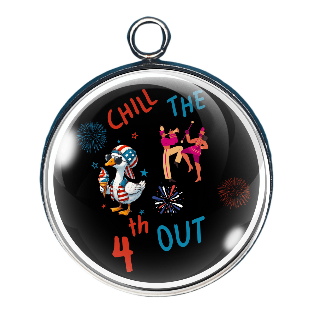 Charm of a duck and parade dancers with the wording 'Chill the 4th out' and fireworks