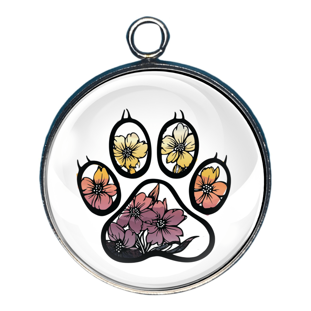 Multi-color paw print charm with peach, yellow and plum flowers