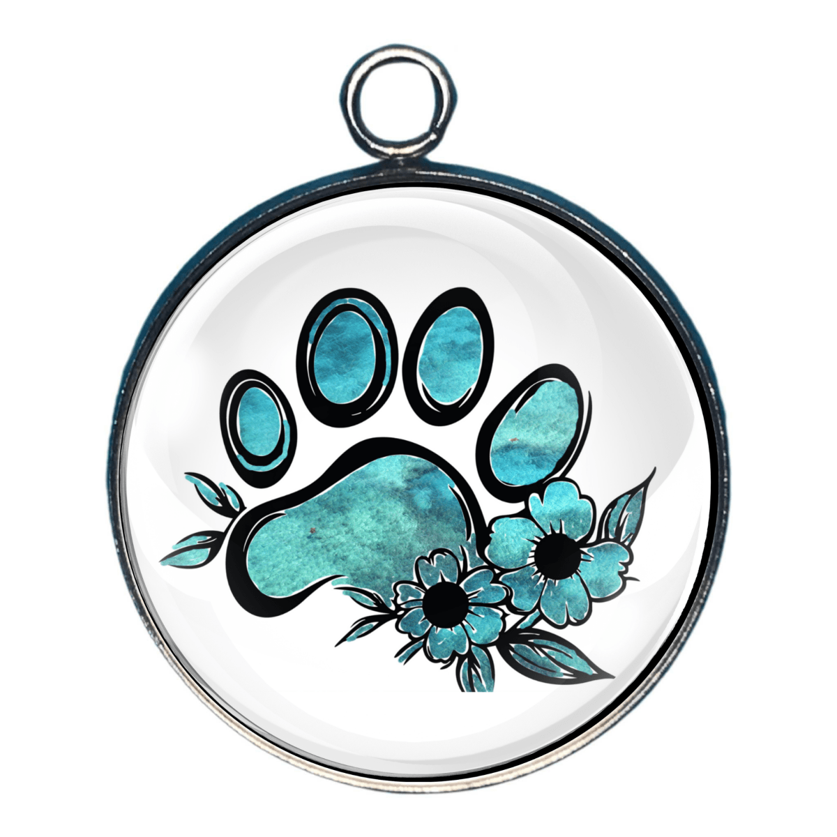 Teal blue paw charm with aqua floral accents