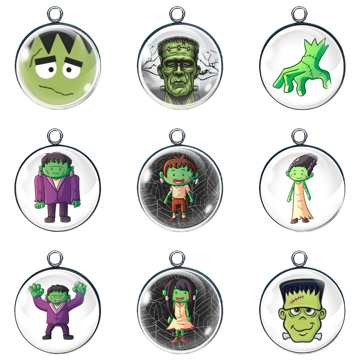 Set of 9 Frankenstein and monster-themed Halloween glass cabochon charms featuring cartoon, classic, and spooky characters on silver-tone bases.