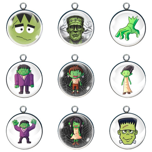 Set of 9 Frankenstein and monster-themed Halloween glass cabochon charms featuring cartoon, classic, and spooky characters on silver-tone bases.