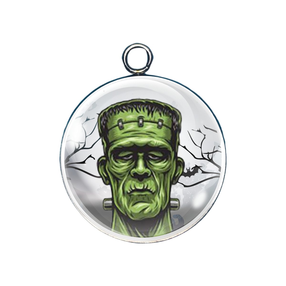 Classic grayscale Frankenstein portrait charm with bolts and cracked background