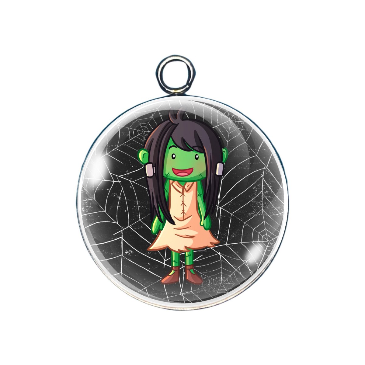 Green monster girl charm in orange dress standing over spooky background
