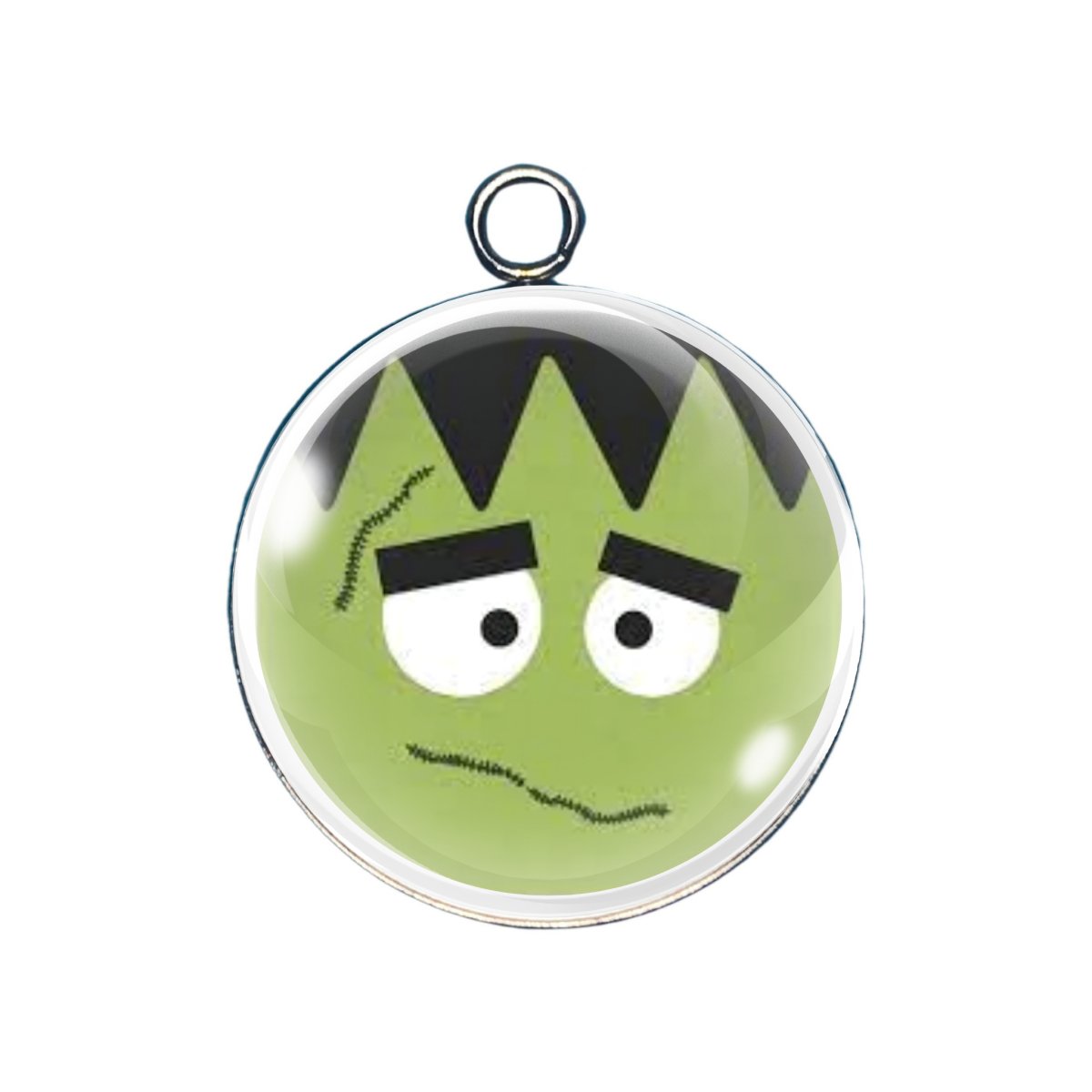 Sad-faced cartoon Frankenstein monster glass charm with green face and black hair