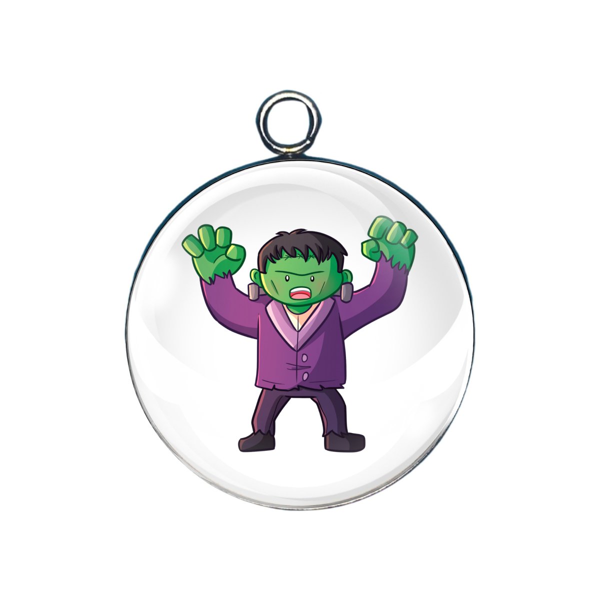 Cute cartoon Frankenstein with raised arms, smiling face, and stitched features
