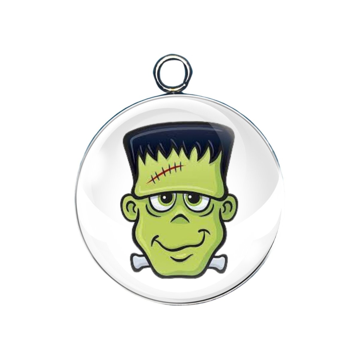 Goofy cartoon Frankenstein face charm with bolts and stitched smile