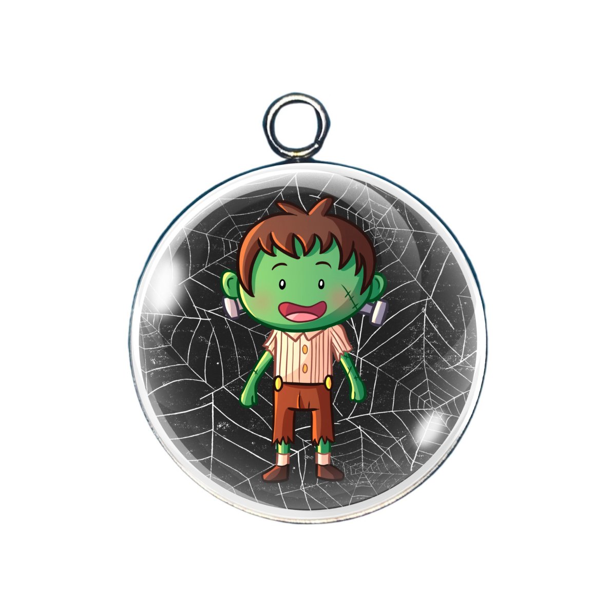 Young Frankenstein boy glass charm standing on spiderweb background