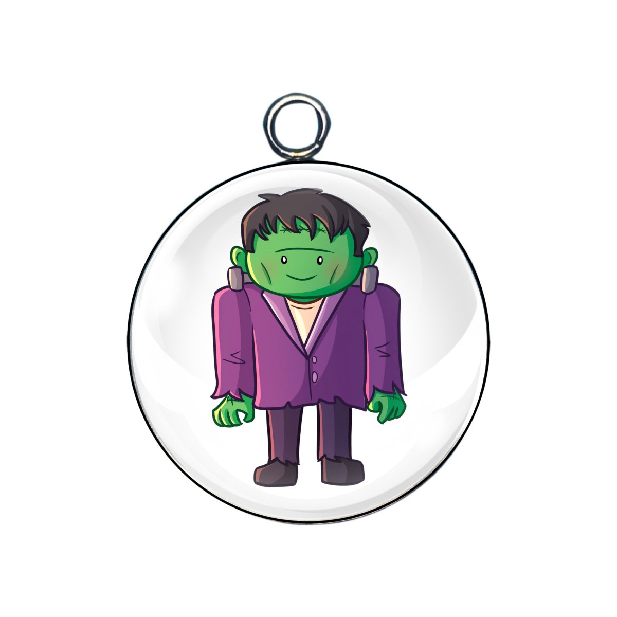 Cartoon Frankenstein charm with purple jacket and green face on white background
