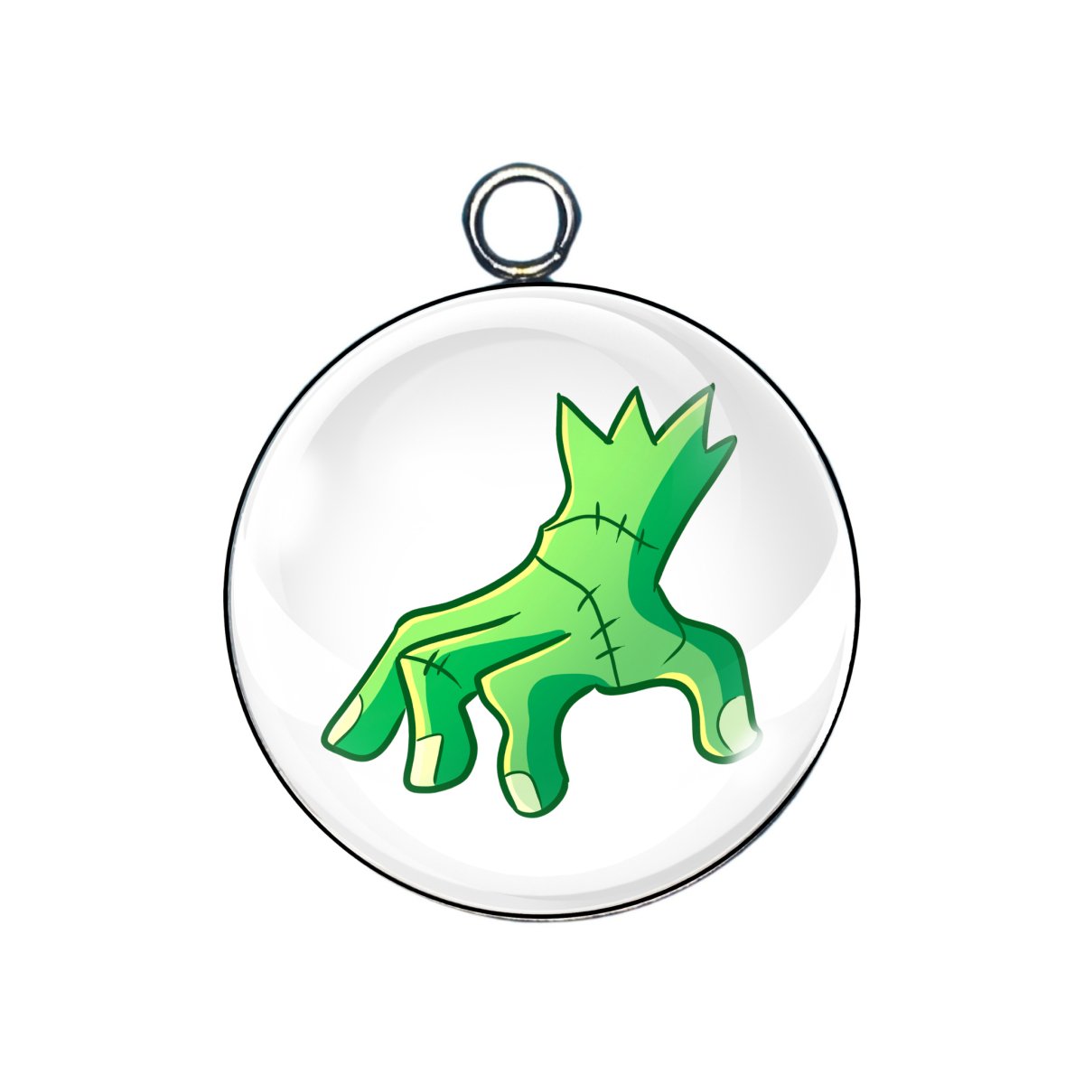 Creepy green monster hand charm in crawling position on white background