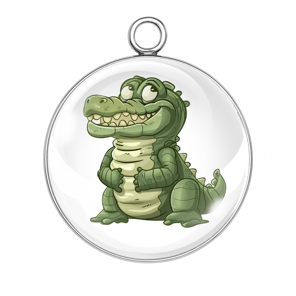“Chunky cartoon gator standing with short arms and bashful smile.”