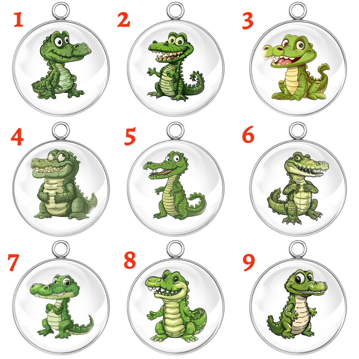 “Nine cartoon alligator glass cabochon charms numbered 1 through 9, each with a unique funny gator design in stainless steel settings.”