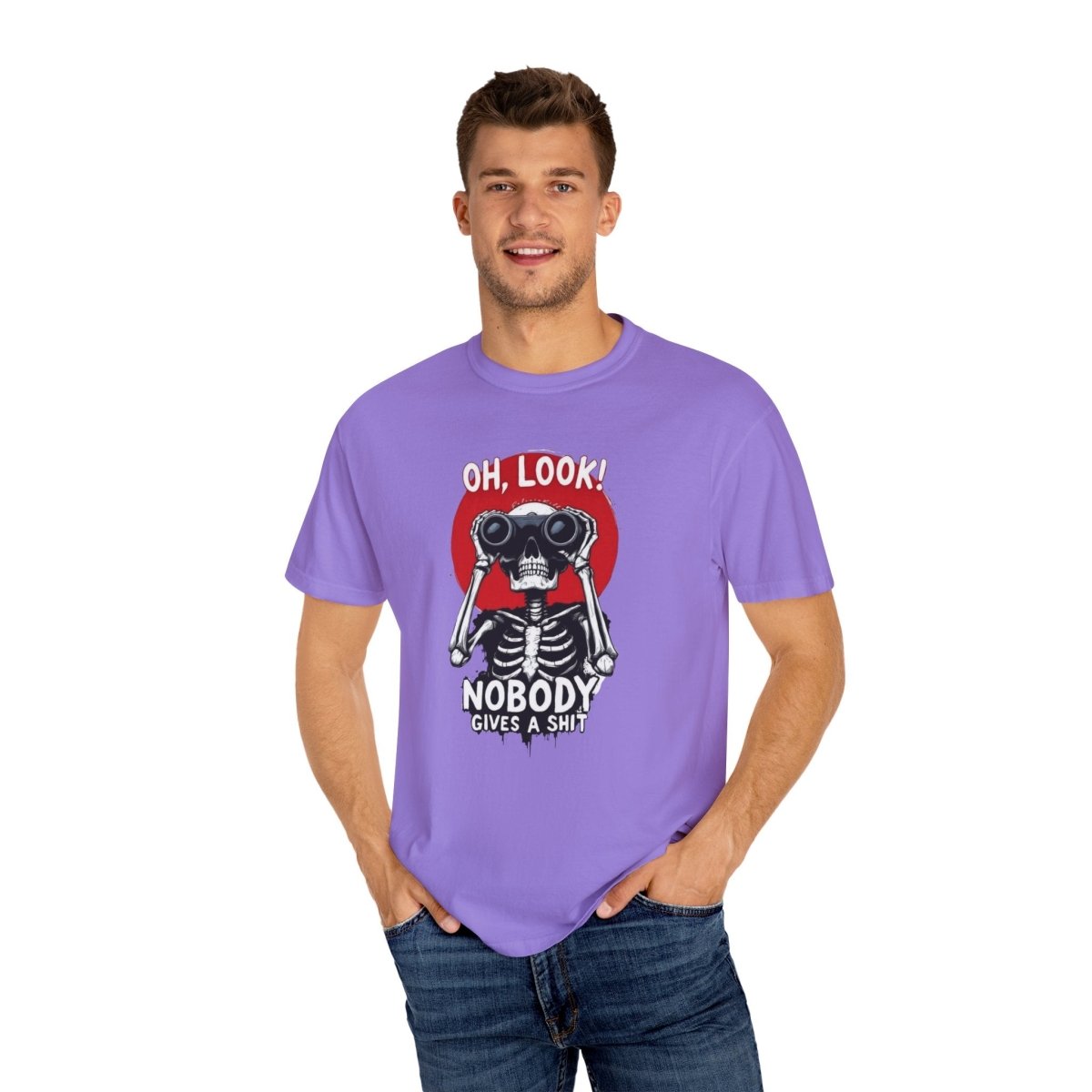 Funny Skeleton Tee – "Oh Look, Nobody Gives a Sh*t" Unisex Garment-Dyed Shirt