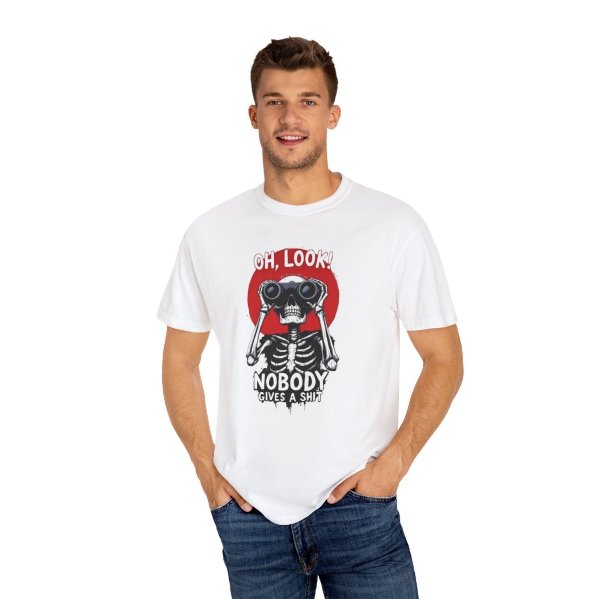 Funny Skeleton Tee – "Oh Look, Nobody Gives a Sh*t" Unisex Garment-Dyed Shirt