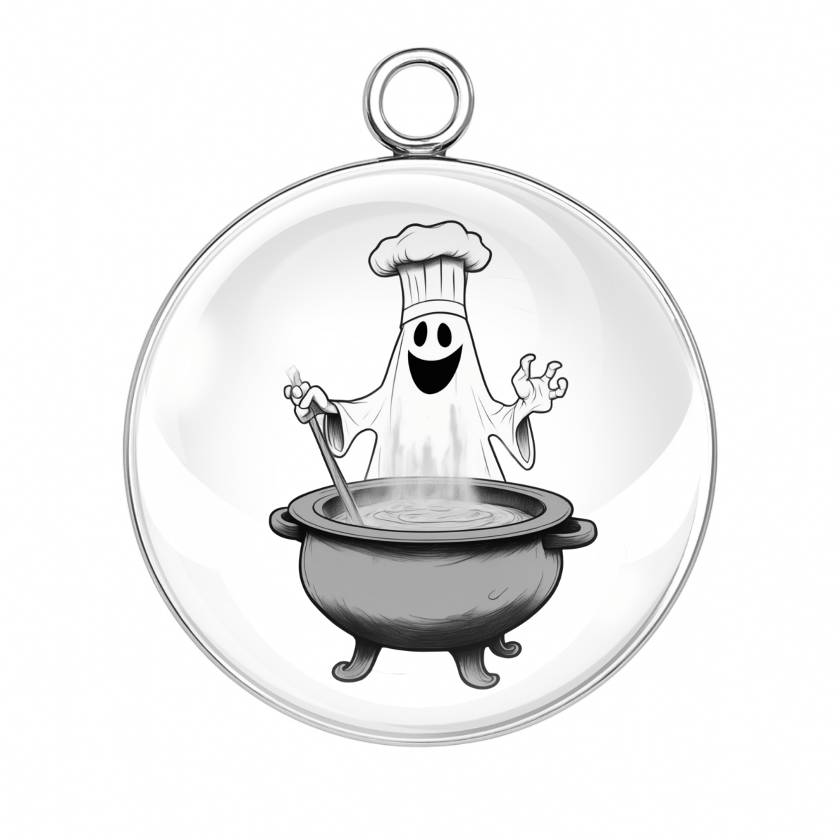 "Ghost chef stirring cauldron Halloween charm"