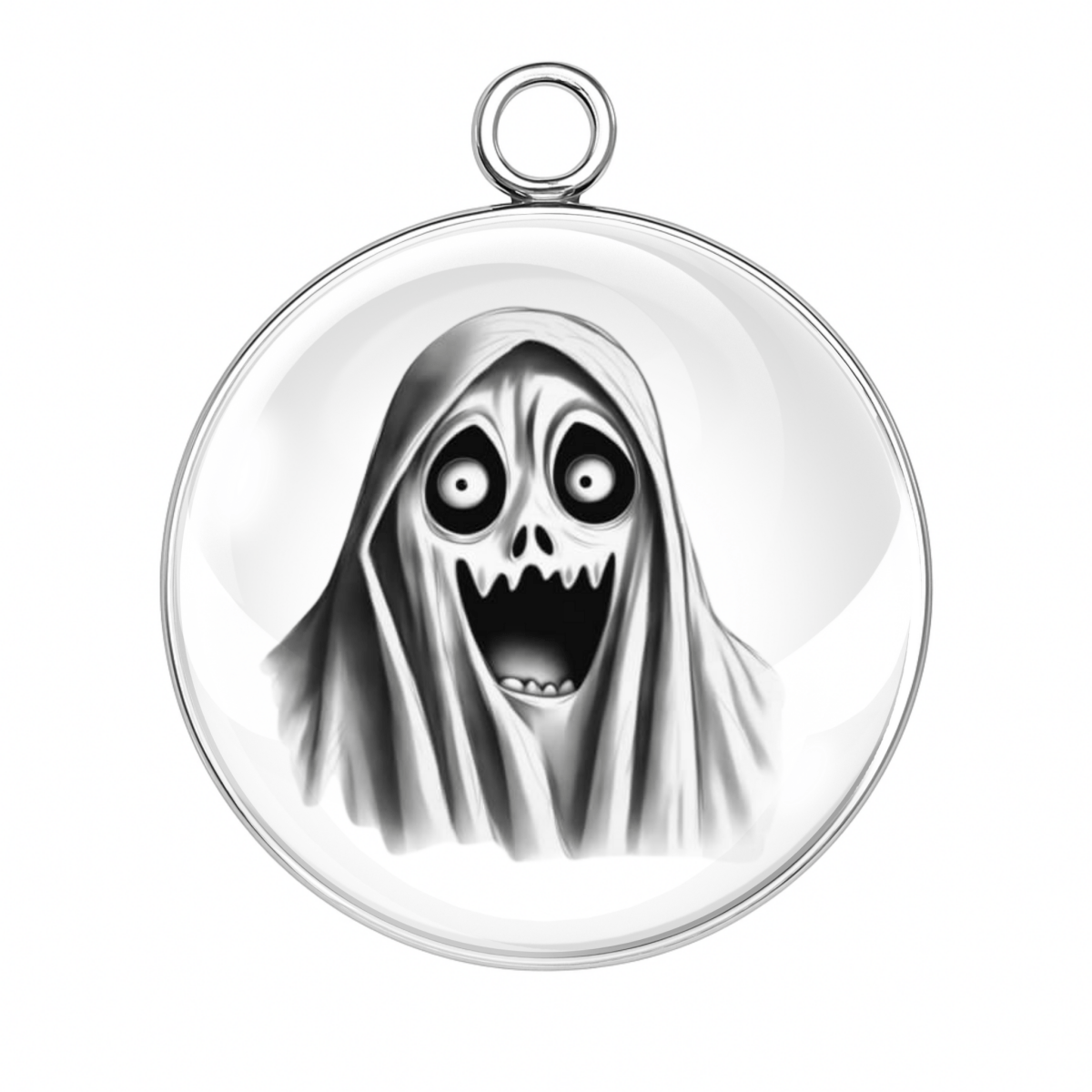 "Creepy wide-eyed ghost face charm"