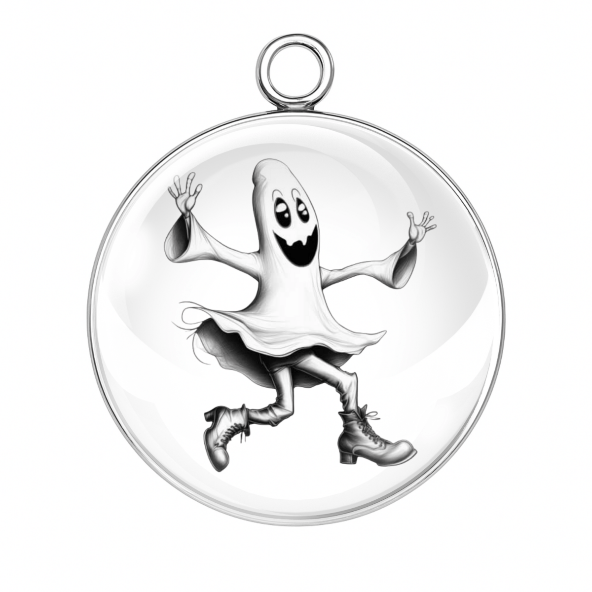 "Happy ghost skipping in boots Halloween charm"