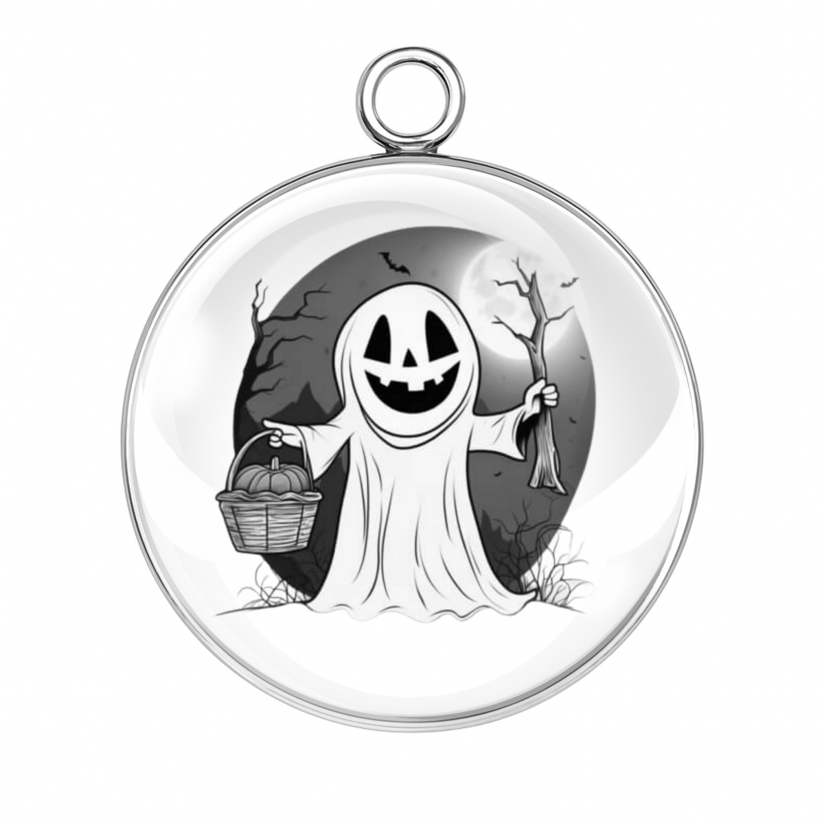 "Pumpkin-headed ghost trick-or-treating in spooky woods charm"