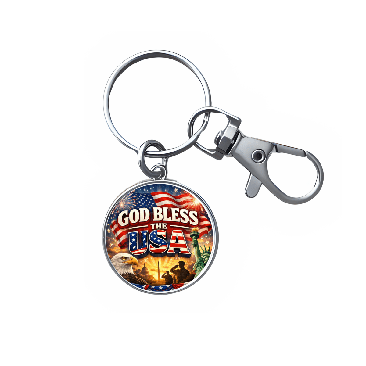 God Bless the USA patriotic keychain with glass cabochon and stainless steel keyring