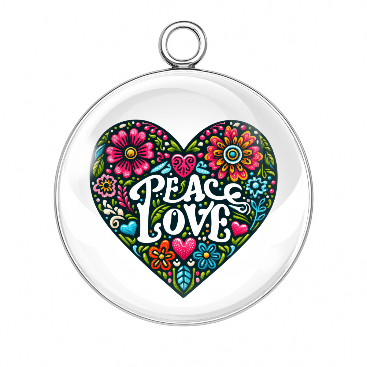 Peace & Love Heart Charm – A heart-shaped floral pattern with the words “Peace Love” inside in groovy lettering.