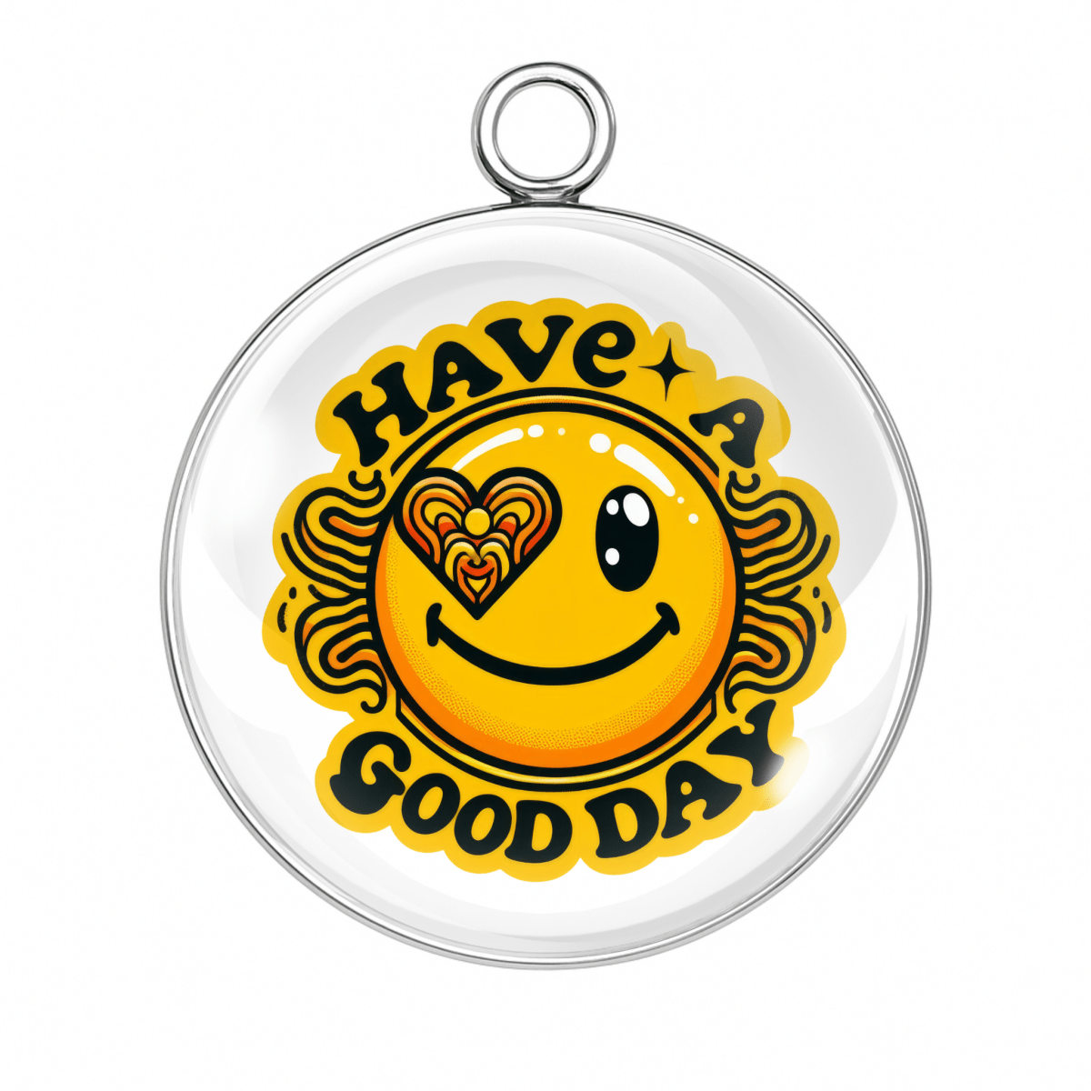Have a Good Day Smiley Charm – A smiling yellow face surrounded by sun rays with “Have A Good Day” text in bold black.