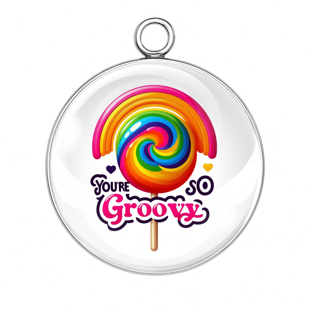 You’re So Groovy Lollipop Charm – A rainbow swirl lollipop with the phrase “You’re So Groovy” in fun pink text.