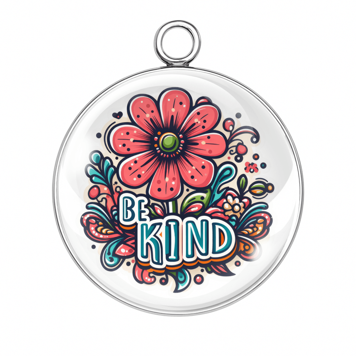 Be Kind Charm – A red and pink flower with bold blue text that says “Be Kind,” surrounded by whimsical floral accents.