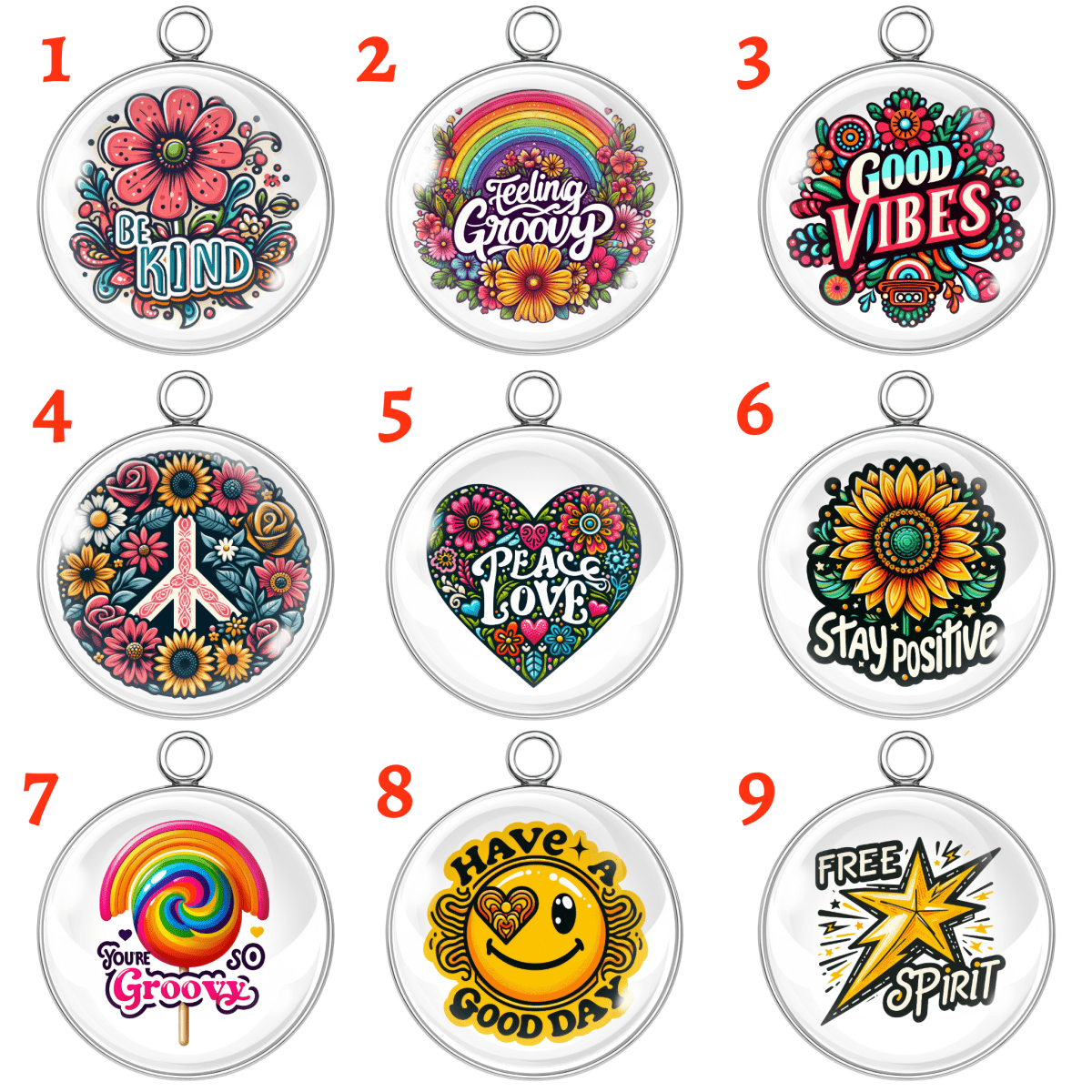 A set of nine colorful retro-themed glass cabochon charms featuring flowers, rainbows, peace signs, smiley faces, and uplifting quotes like “Be Kind,” “Good Vibes,” and “Free Spirit.”