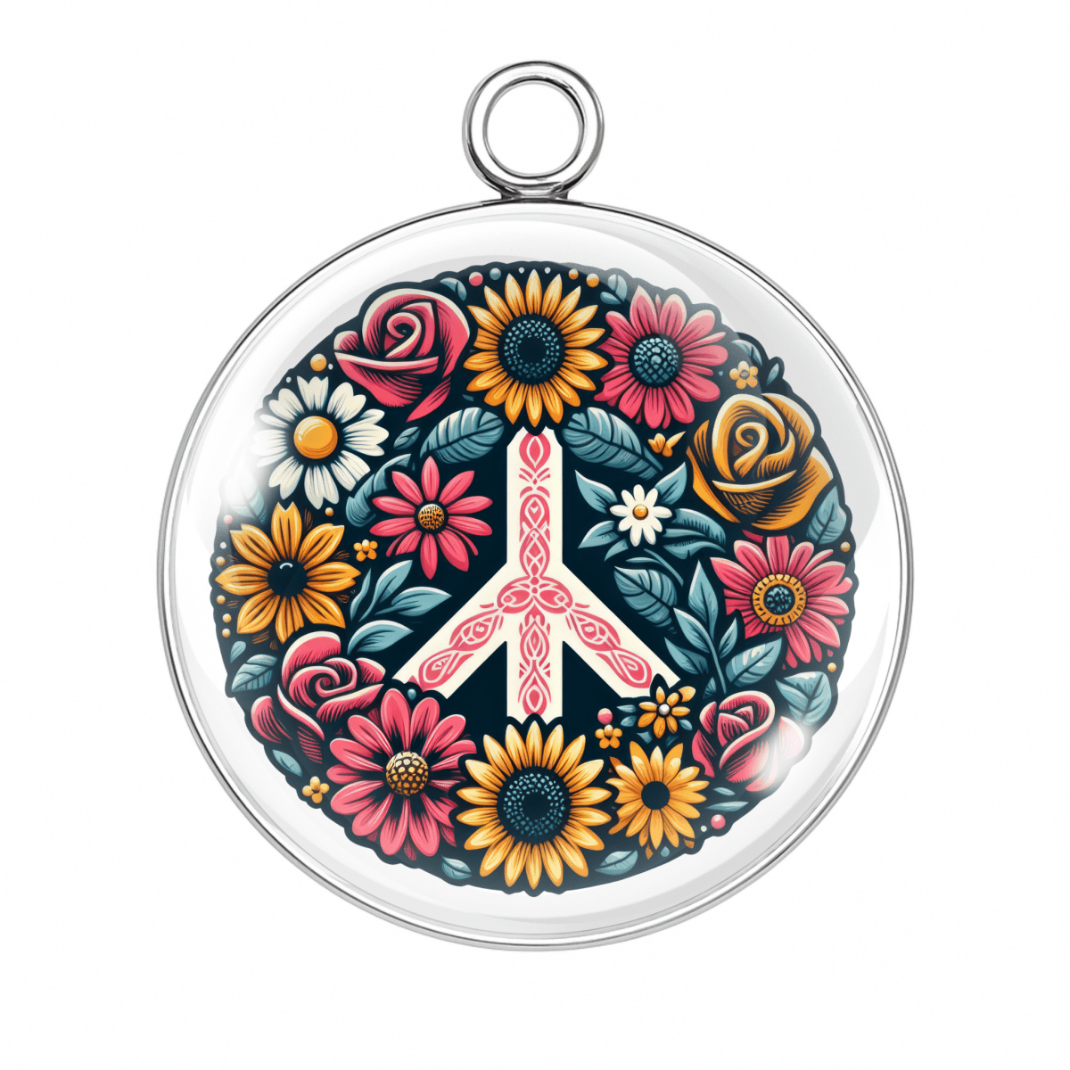 Peace Sign Floral Charm – A white peace sign surrounded by detailed orange, pink, and yellow flowers.