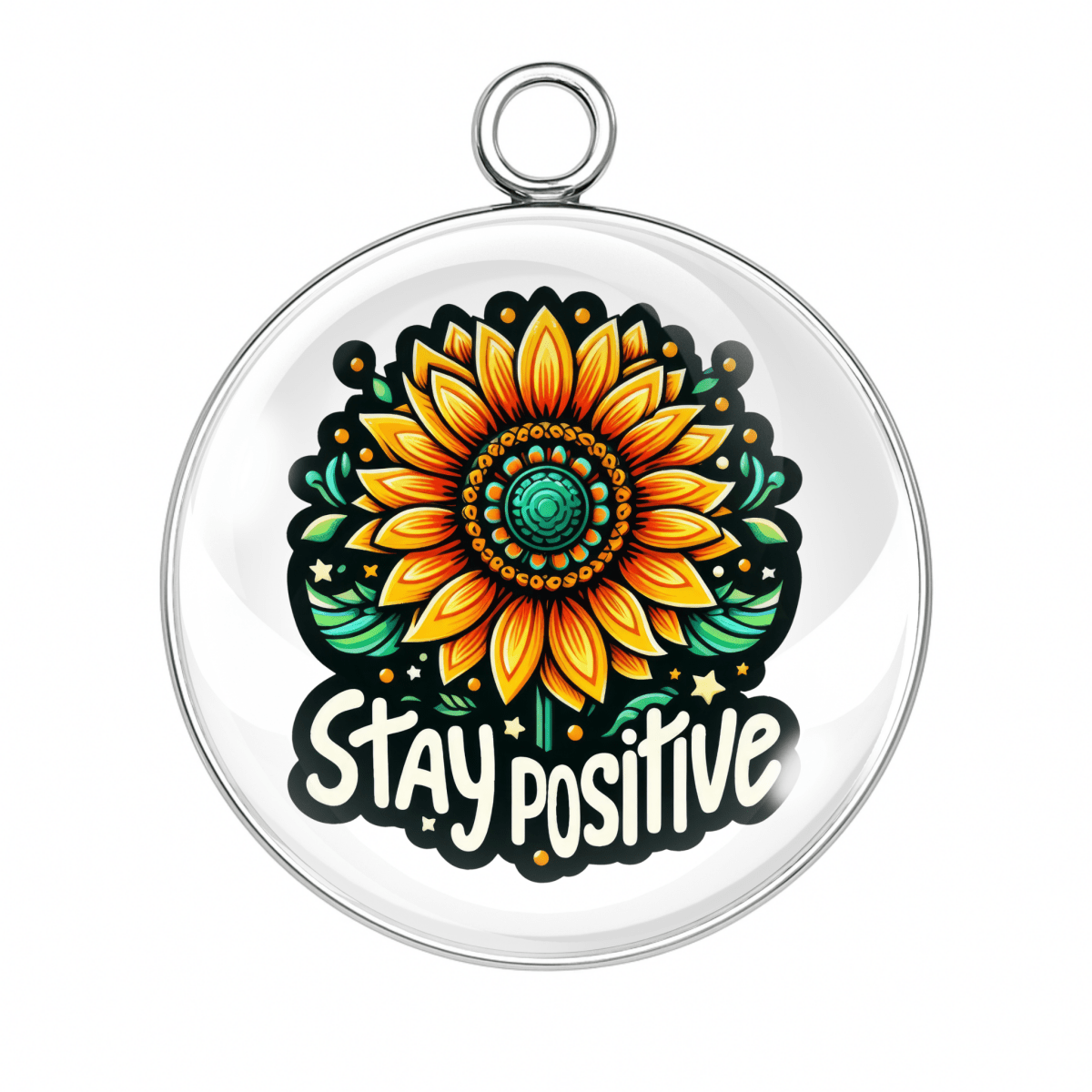 Stay Positive Charm – A sunflower with layered petals and the phrase “Stay Positive” in white script.