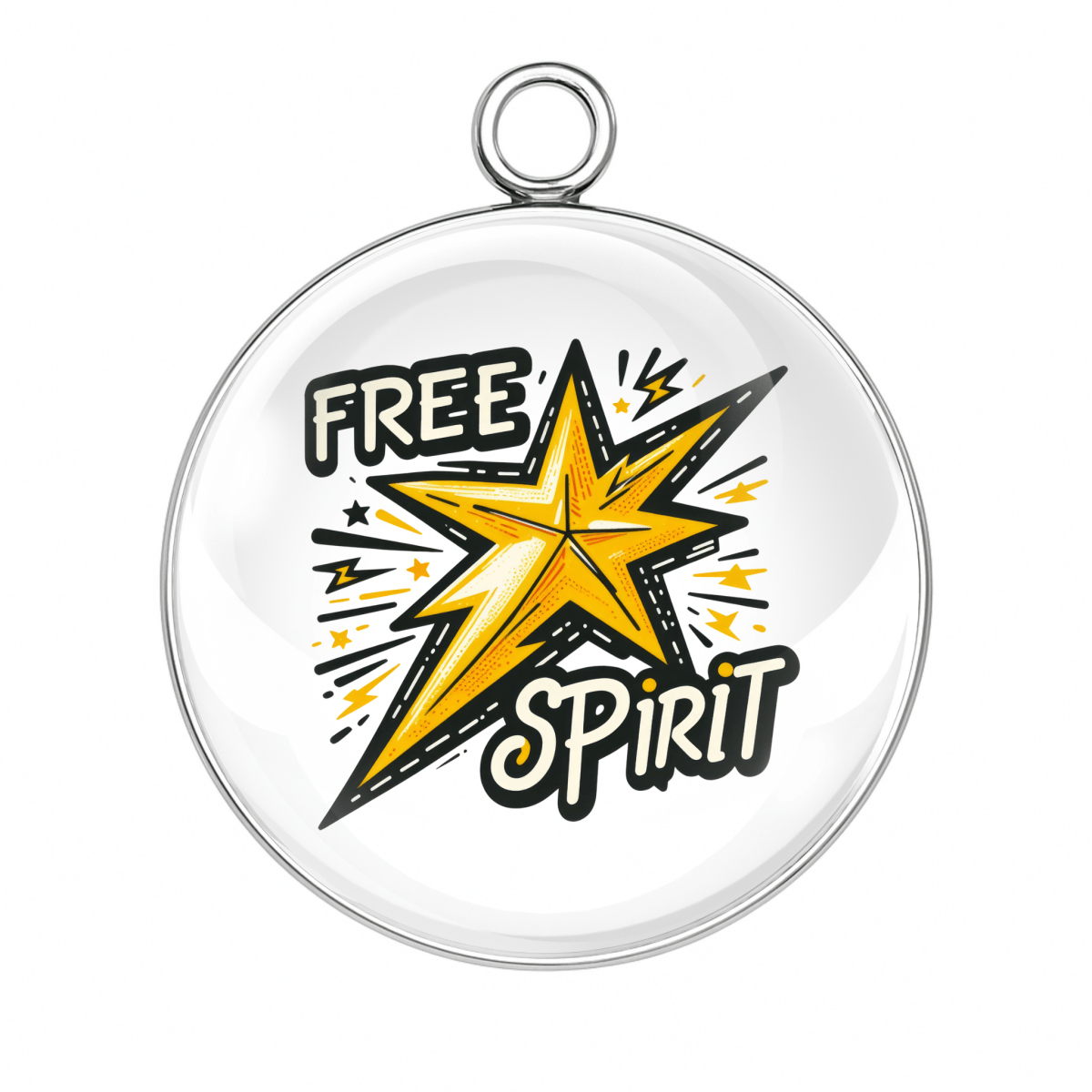 Free Spirit Starburst Charm – A bold yellow and white starburst with the phrase “Free Spirit” in stylized lettering.