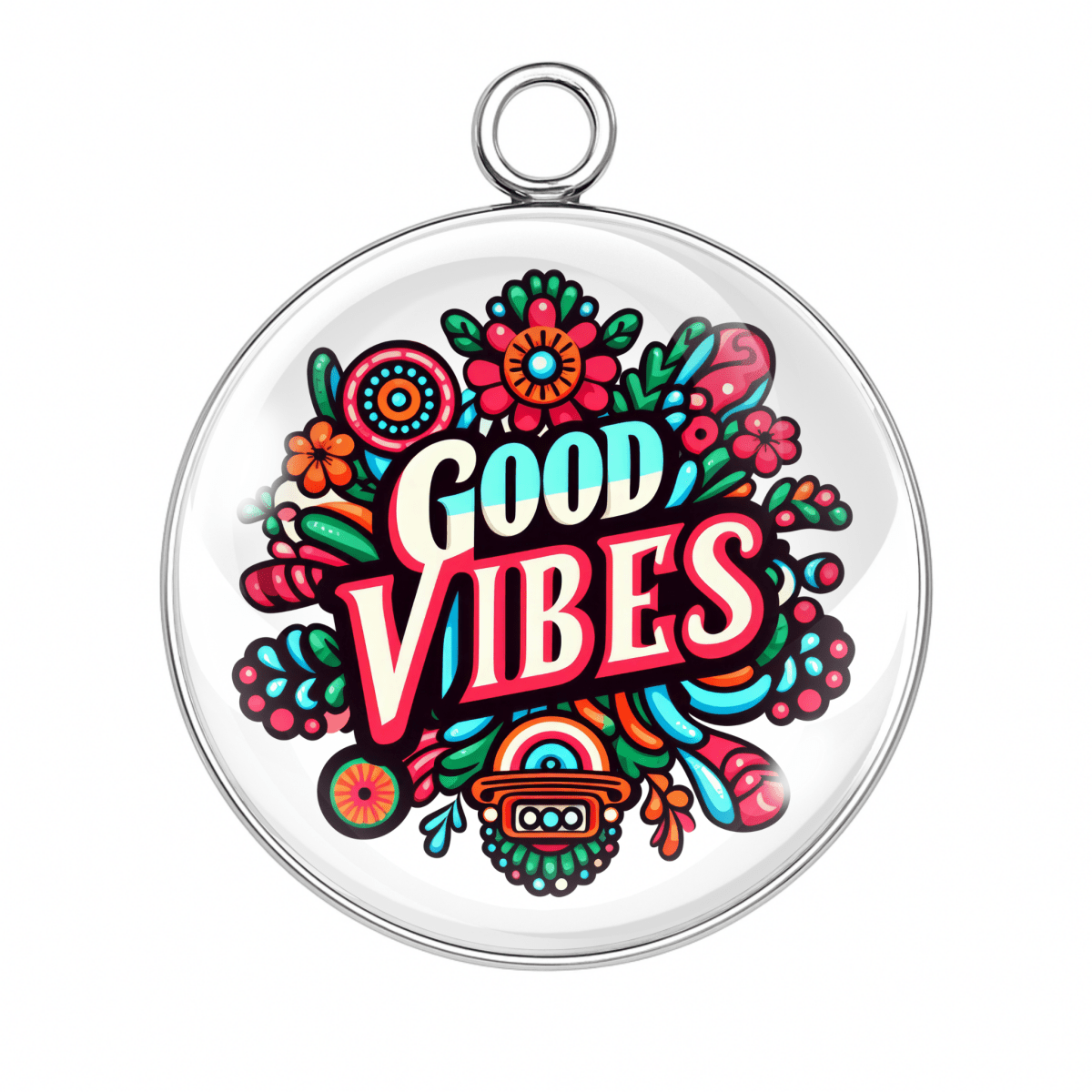 Good Vibes Charm – A psychedelic-style design with bright florals and “Good Vibes” in bold red and teal letters.