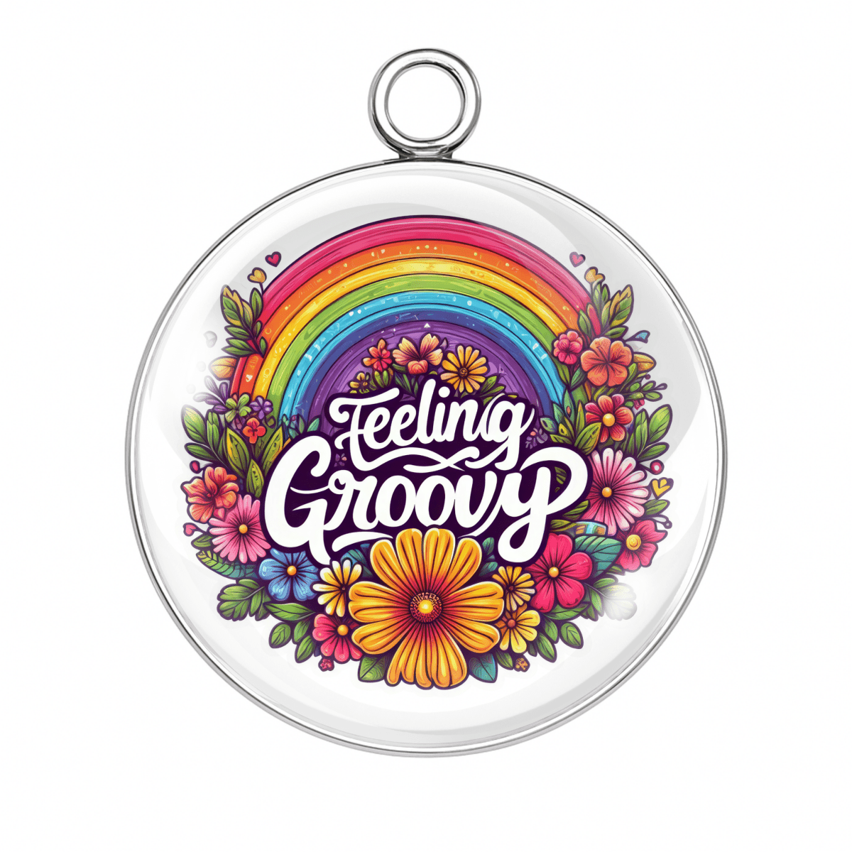 Feeling Groovy Charm – A rainbow with colorful flowers and the text “Feeling Groovy” in a retro font.