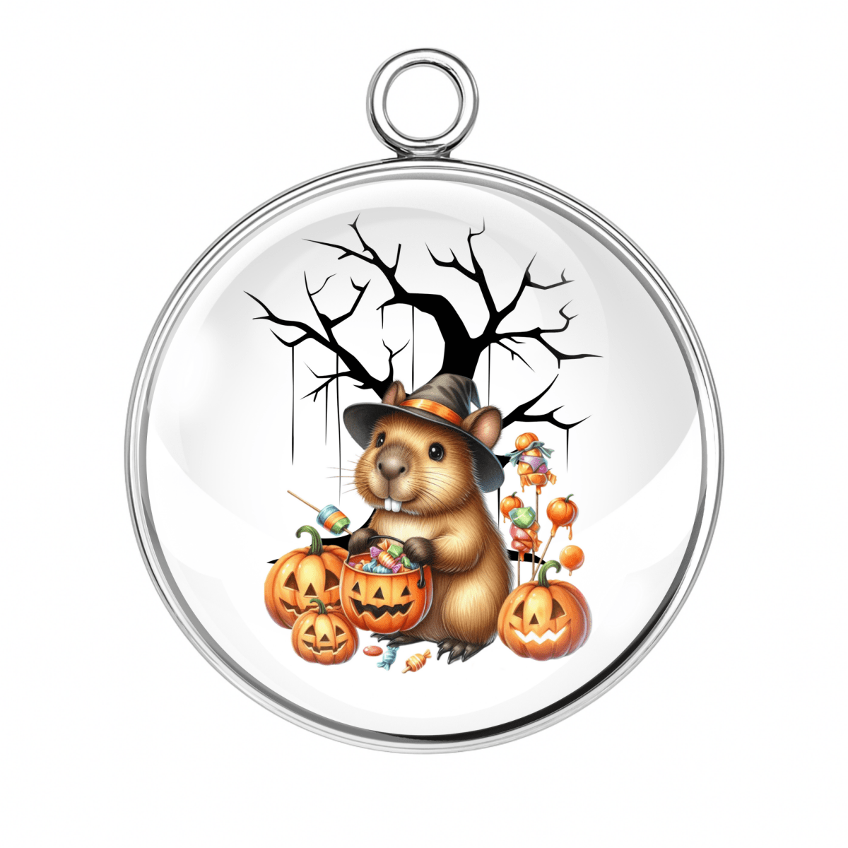 Charm of a Capybara with pumpkins and a spooky bare tree.