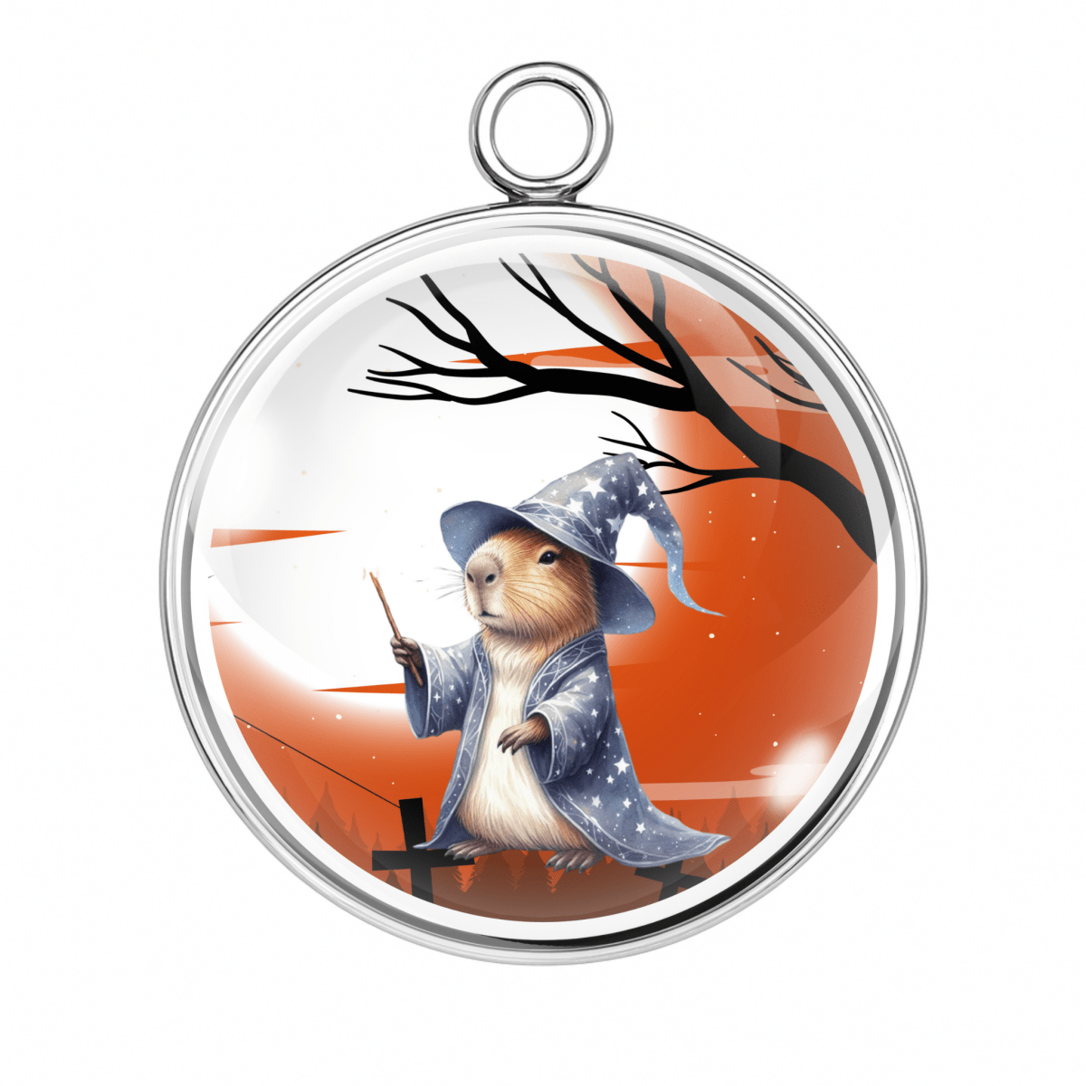 Charm of a Capybara wearing a wizard robe and hat with a magic staff and orange night sky and a full moon.