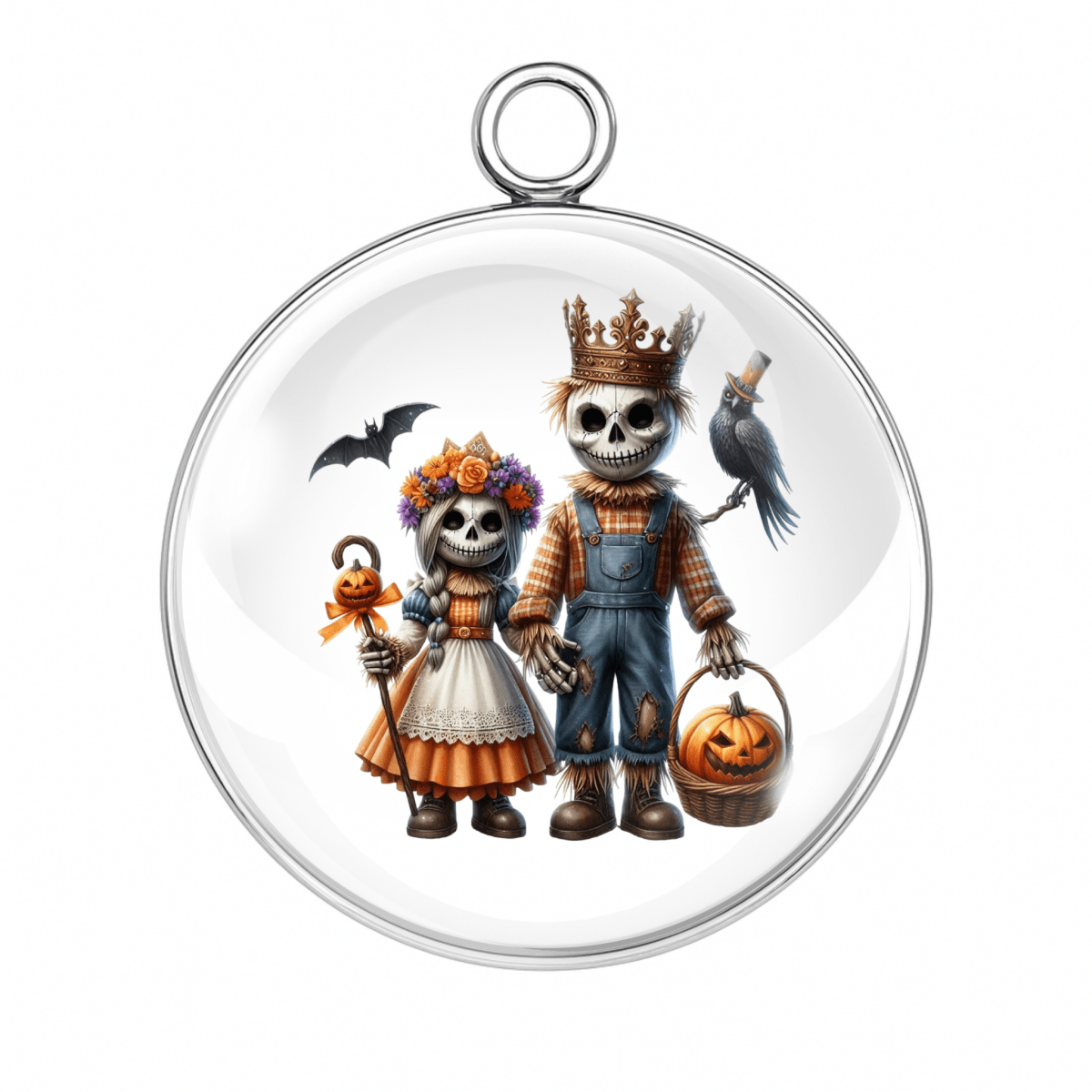 Style 9 – Skeleton & Pumpkin Couple with Crow & Crown
skeleton pumpkin royal couple charm, crow halloween cabochon pendant, gothic skeleton pumpkin jewelry