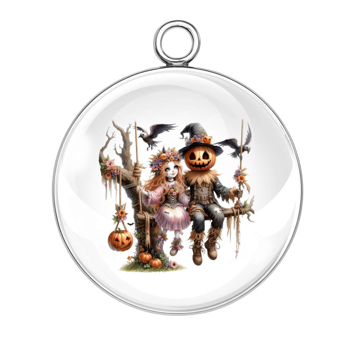 Style 2 – Rustic Scarecrow Couple with Flowers & Crow
scarecrow halloween couple charm, rustic harvest crow pendant, fall scarecrow cabochon
