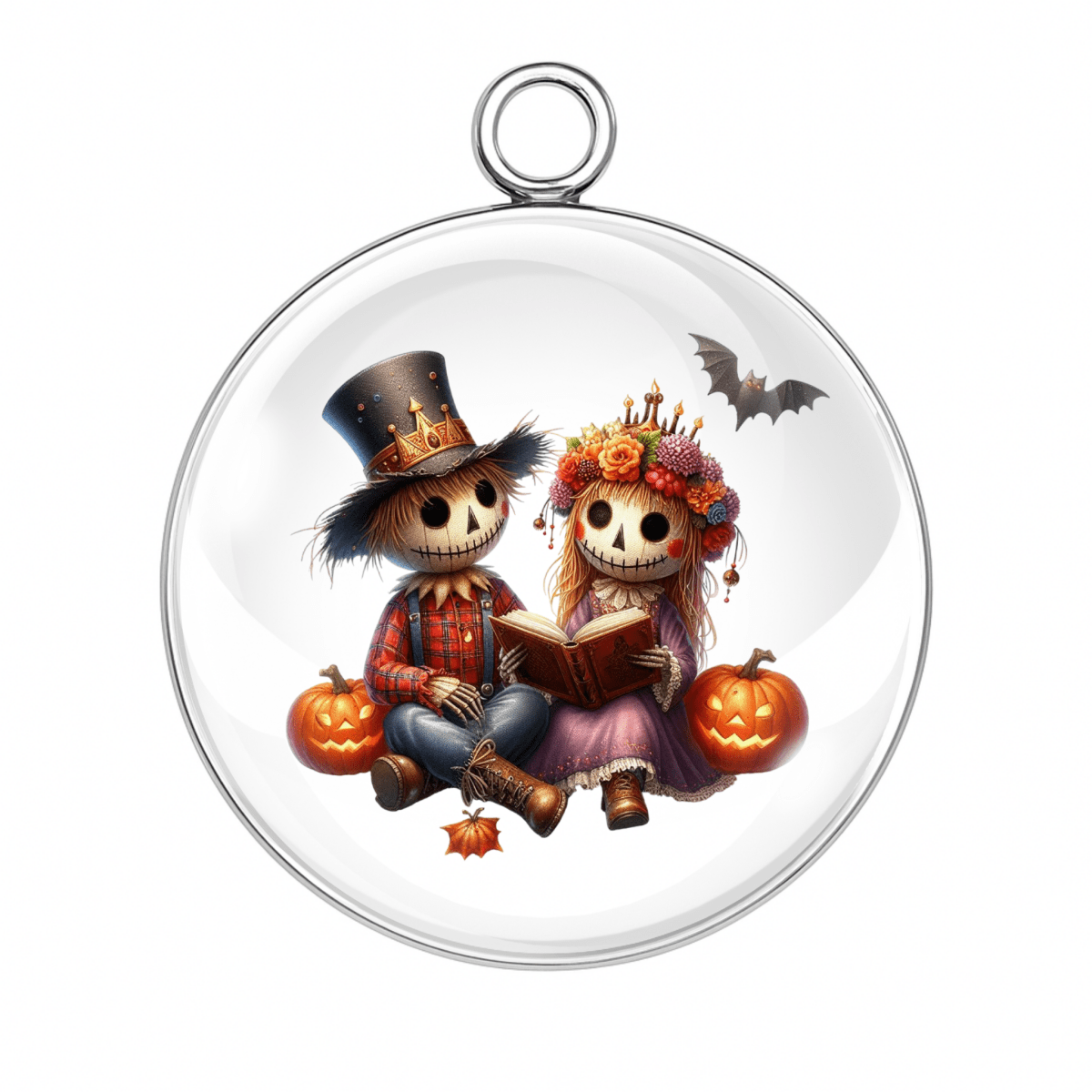 Style 8 – Sitting Scarecrow Couple with Pumpkins
sitting scarecrow halloween charm, rustic pumpkin cabochon pendant, harvest couple halloween jewelry