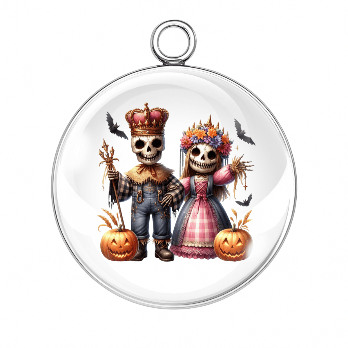 Style 1 – Skeleton King & Queen with Pumpkins
skeleton king queen halloween charm, gothic royal skeleton cabochon, pumpkin skeleton couple pendant