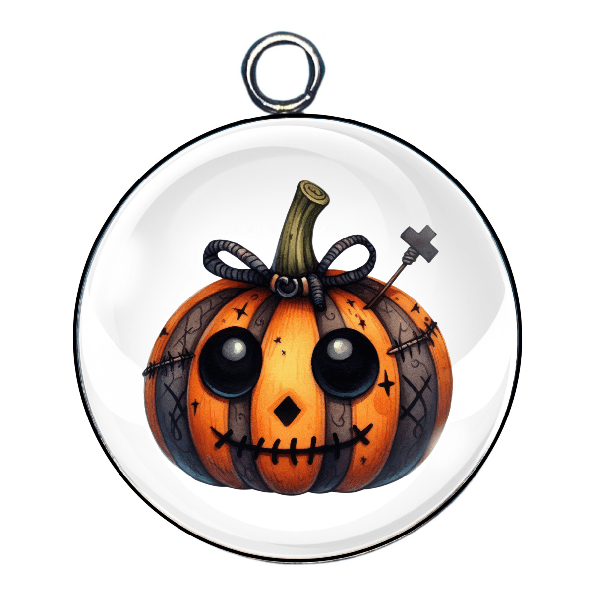 Charm 5:
“Pumpkin charm with stitched smile and gothic bow”