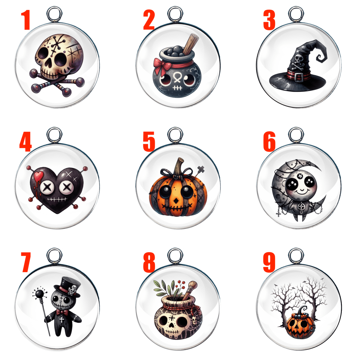 Halloween voodoo charm set with skulls, pumpkins, witches and spooky designs in glass cabochons