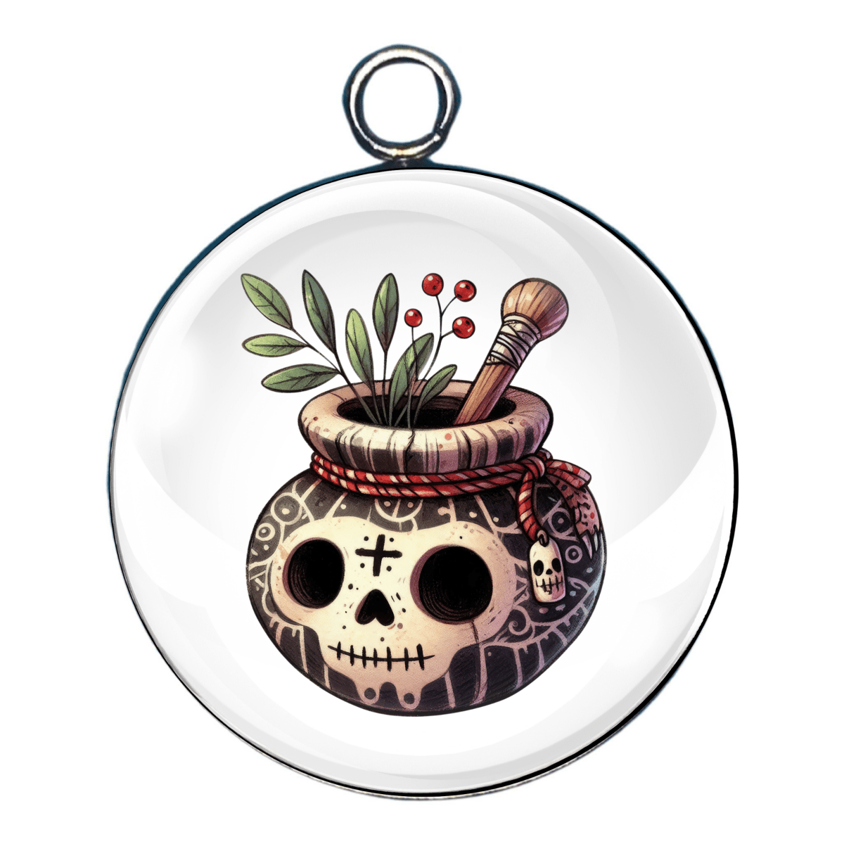 Charm 8:
“Potion jar skull charm with flowers and herbal details”