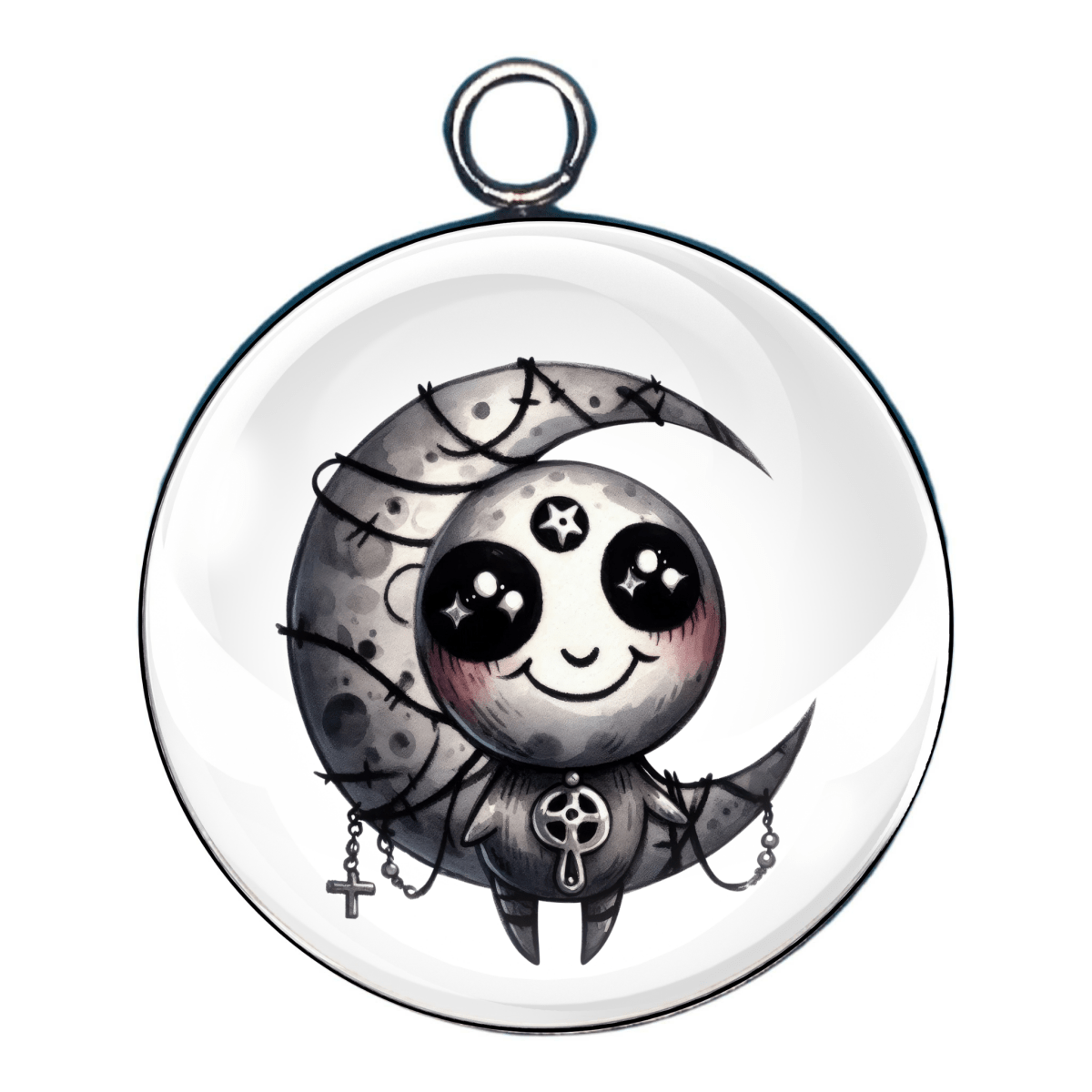 Charm 6:
“Moon goddess voodoo doll charm with stitched face and silver halo”
