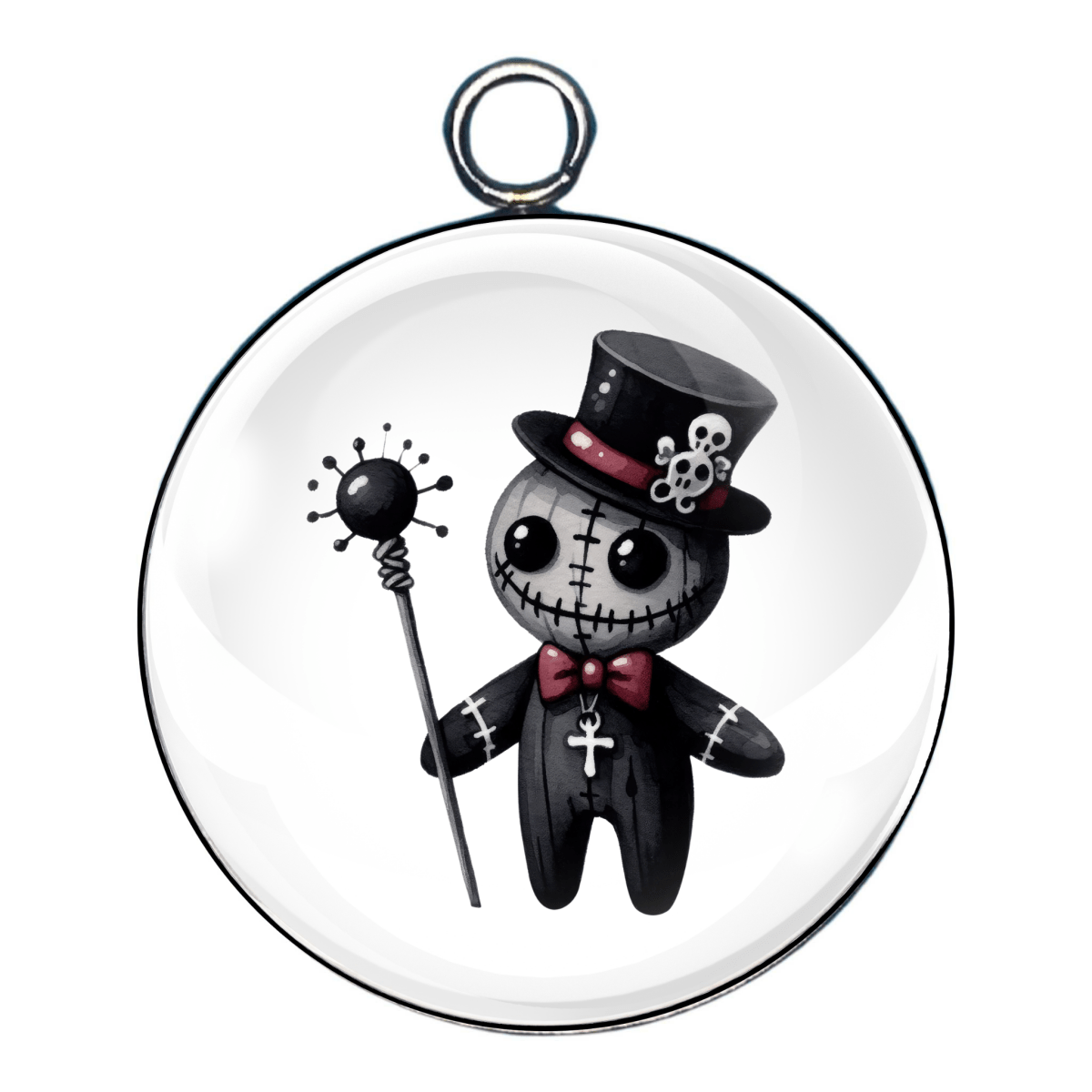 Charm 7:
“Voodoo doll with top hat, cane and stitched smile on charm”