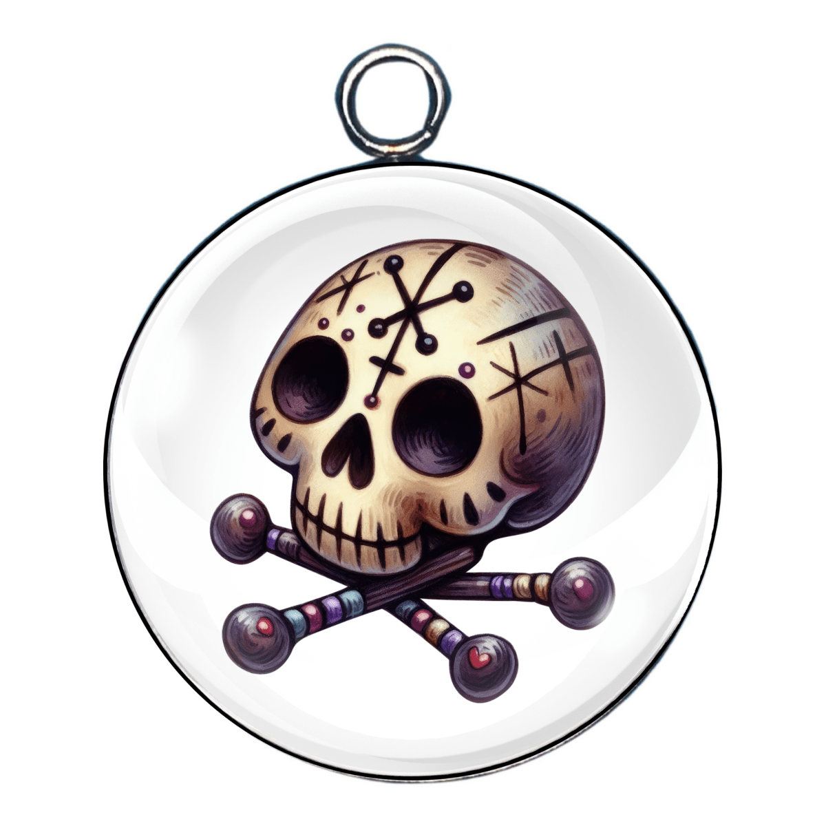 Charm 1:
“Skull and crossbones voodoo charm with stitched eyes and haunted expression”