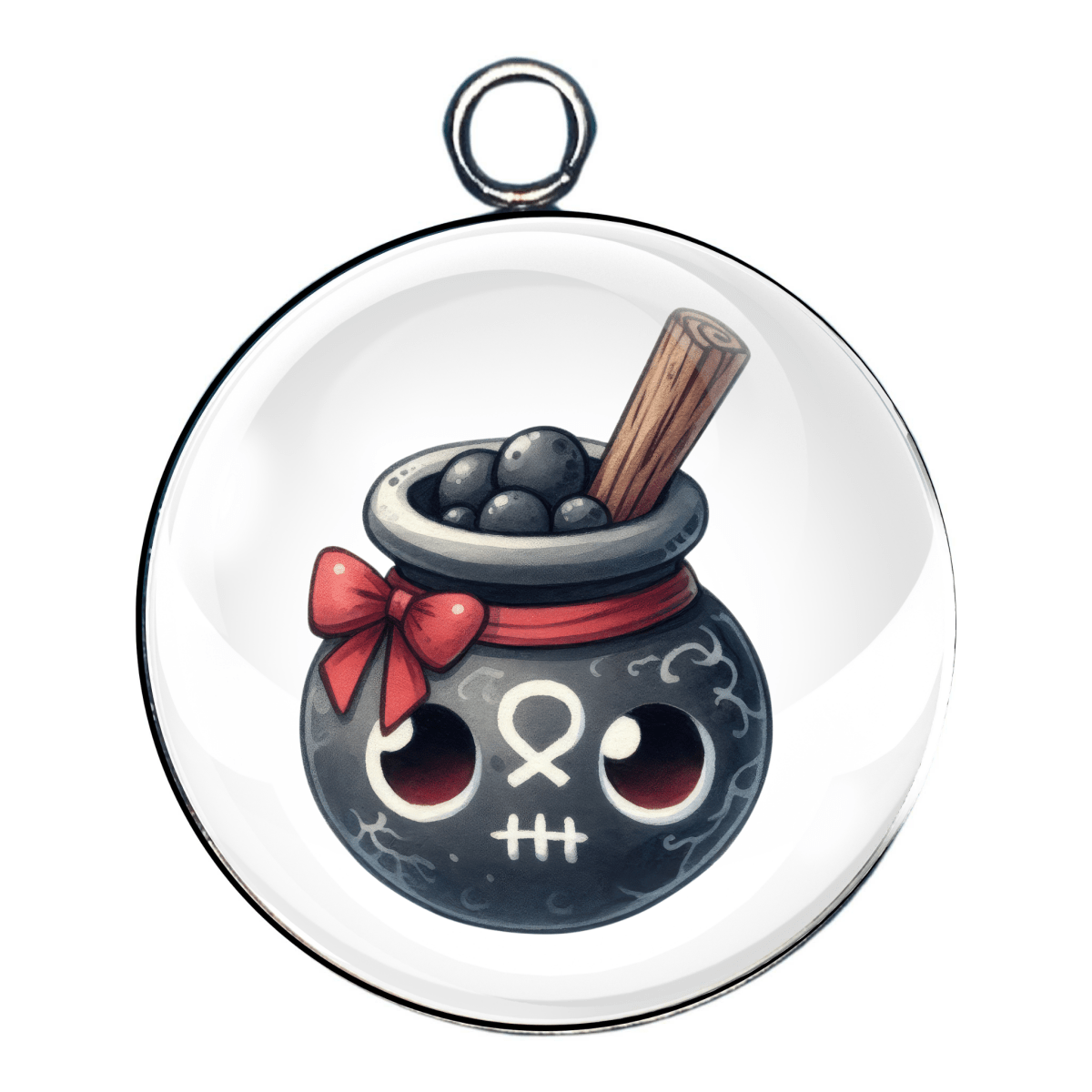 Charm 2:
“Black cauldron with red bow and skull face – cute witch potion charm”