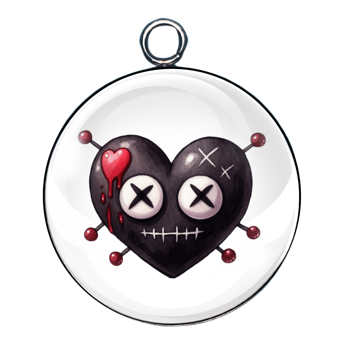 Charm 4:
“Black voodoo heart with stitched X eyes and pin cushion design”