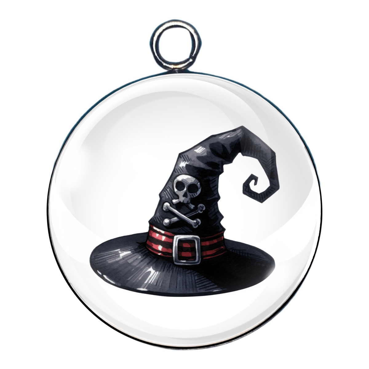 Charm 3:
“Spooky witch hat with curled brim and skull buckle on glass pendant”