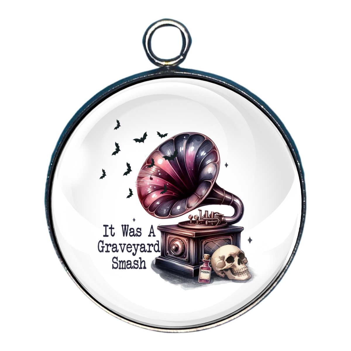 charm of a victrola with a skull and a bottle of poison