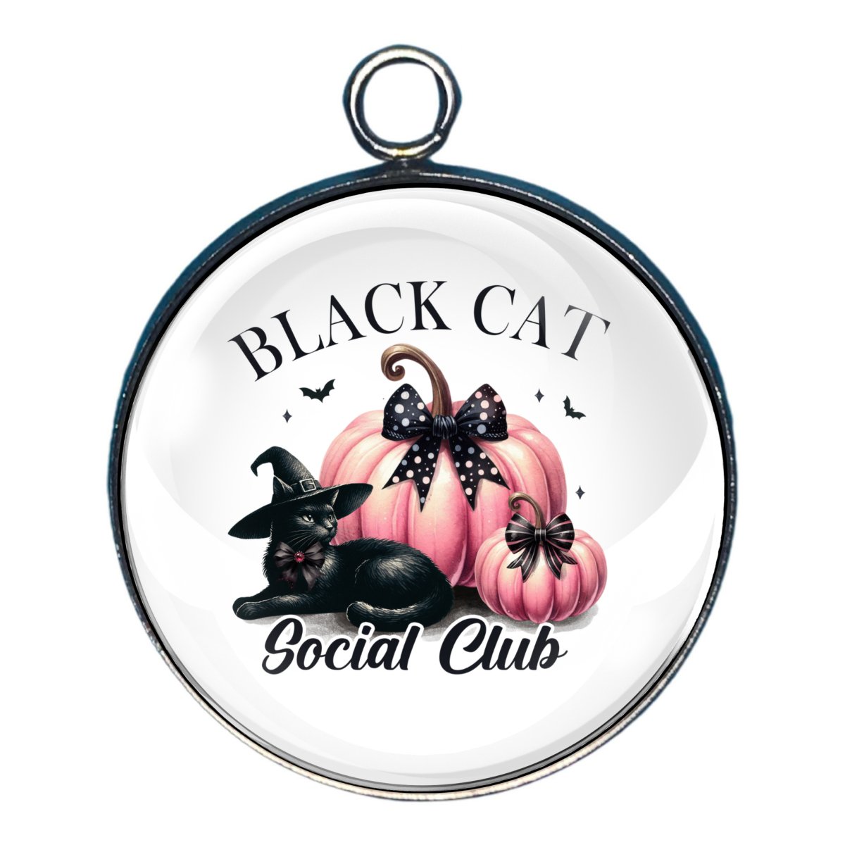 charm of a black cat with pumpkins and words: black cat social club